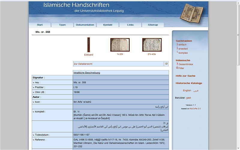 Leistung der Internetpräsentation: Gleichzeitige Präsenz von (vergrößerbaren) digitalen Bildern und Beschreibung, diese in verschiedenen Sprachen, im Beispiel hier (Portal orientalischer Handschriften) neben Deutsch auch Englisch und Arabisch.