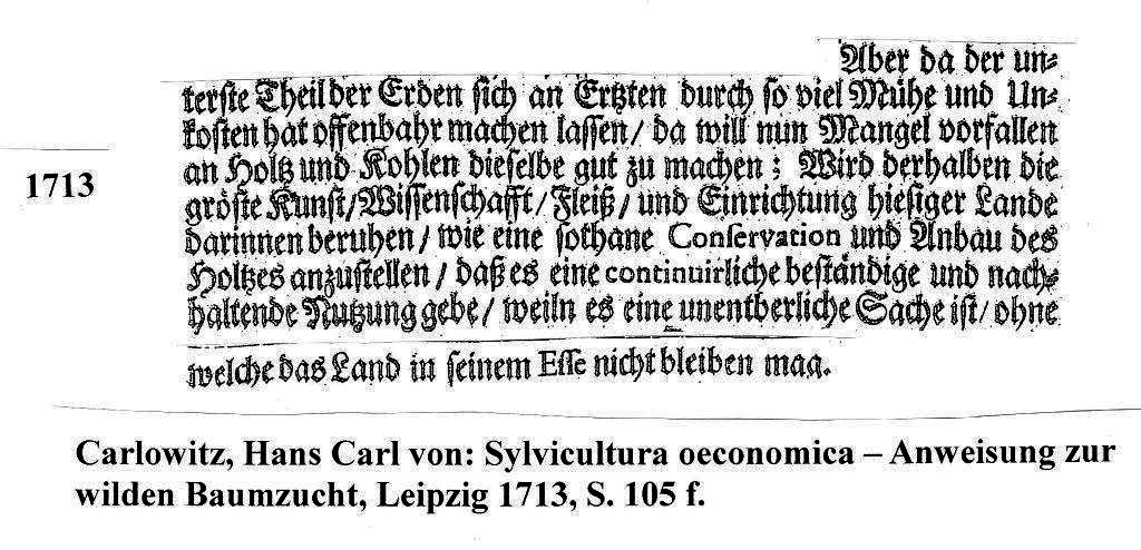 Abb. 3: »[…] nachhaltende Nutzung« anno 1713. Schlüsselstelle aus Carlowitz’ Sylvicultura oeconomica. Foto: Technische Universität Freiberg.