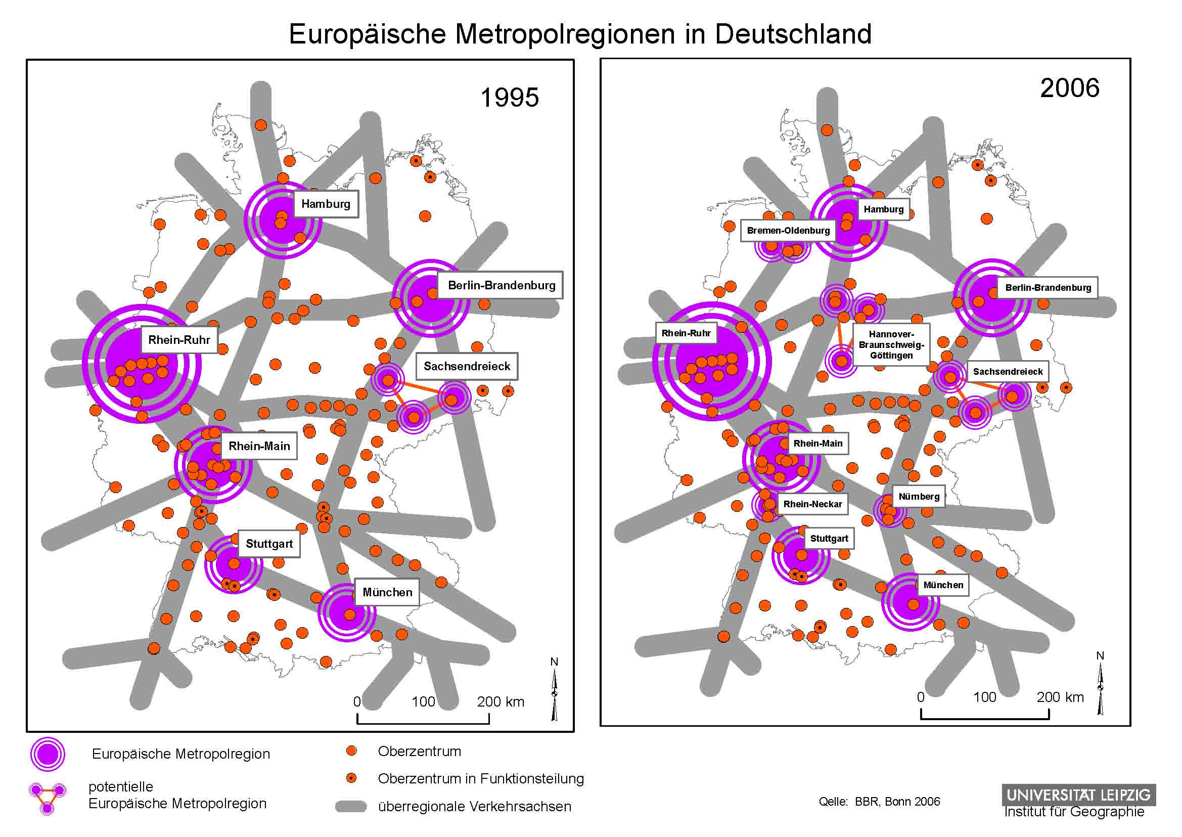 Abb. 1: Europäische Metropolregionen in Deutschland, Karte: Universität Leipzig, Institut für Geographie. 