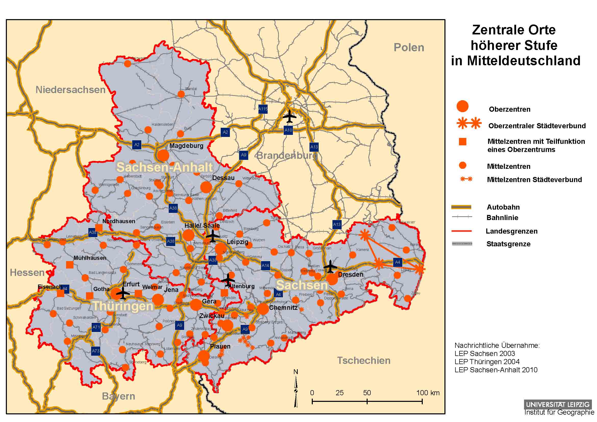 Abb. 3: Zentrale Orte höherer Stufe in Mitteldeutschland, Karte: Universität Leipzig, ­Institut für Geographie. 