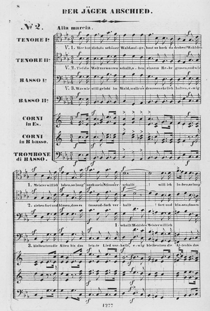 Abb. 5: »Der Jäger Abschied« op. 50 Nr. 2 MWV G 27 – Erste Seite des Partitur-Erstdruckes von 1840. Quelle: Mendelssohn-Haus, Leipzig, Inv. MH. G. SD. 22. 1.