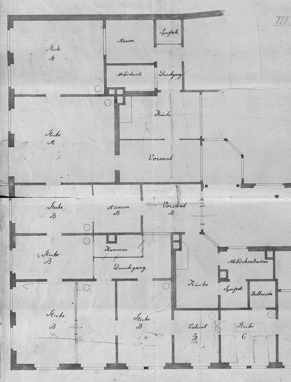 Abb. 1: Grundriss der Wohnung Friedrich Wiecks in Leipzig, Reichsstraße Nr. 579 (1844); Leipzig, Stadtarchiv, Bauakten, Nr. 3711, fol. 35 (Ausschnitt).