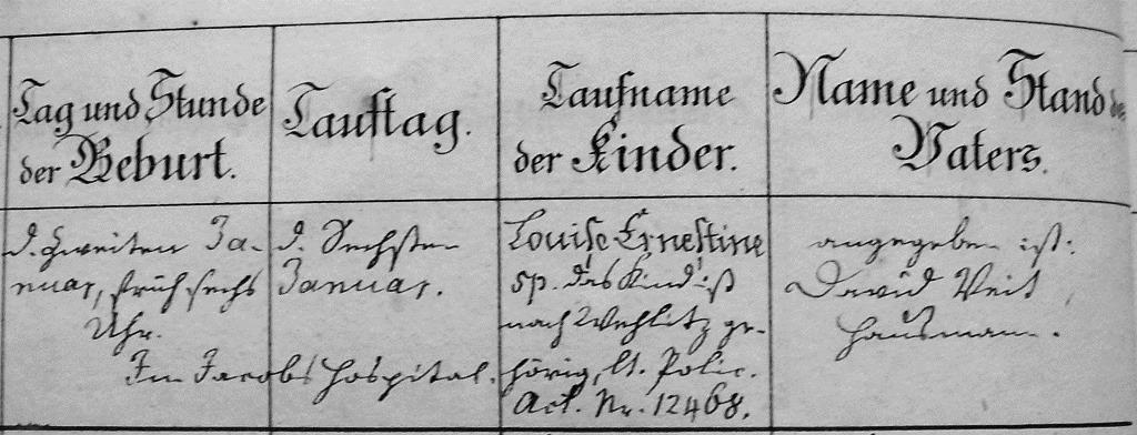 Abb. 4: Geburt von Ernestine Apitzsch am 2. 1. 1837; Leipzig, Kirchliches Archiv, Taufbuch St. Thomas 1837–1839.