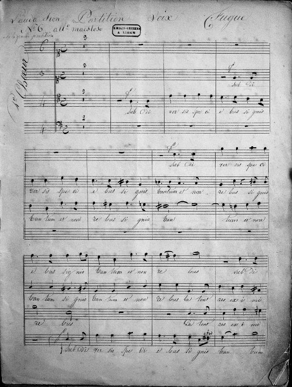 Abb. 1: Erste Seite des Particells der Chorstimmen von Satz Nr. 6. Liège, Archives de la paroisse Saint-Martin, V B 3 [58].