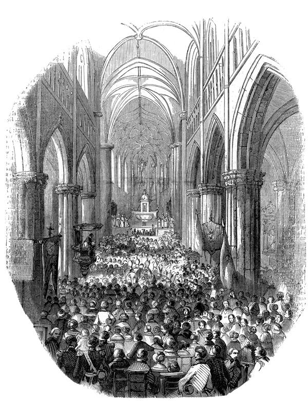 Abb. 3: Innenansicht der voll besetzten Kirche St. Martin in Liège. Anonymer Stich des  19. Jahrhunderts. Mendelssohn-Haus Leipzig, Felix-Mendelssohn-Bartholdy-Stiftung.