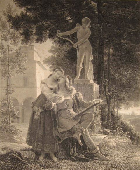 Abb. 3: Raphael et la Fornarina, Kupferstich von François Garnier (1824). Zu diesem Bild instrumentierte Felix Mendelssohn Bartholdy das Andante (senza Variazioni) aus der Klaviersonate op. 26 von Ludwig van Beethoven.
