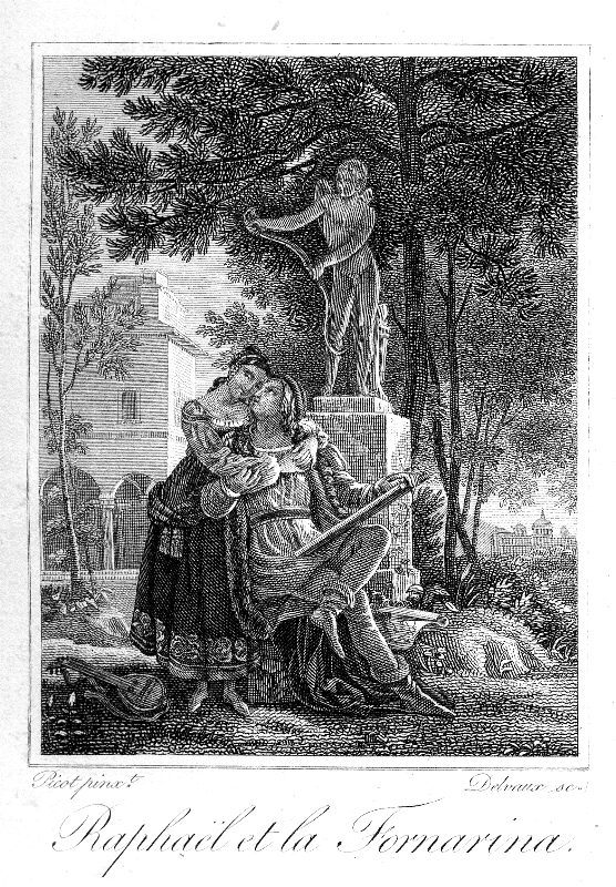 Abb. 4:Raphaël et la Fornarina, Kupferstich von Marie Auguste Delvaux (1825). Tafel IV aus: Almanach des Dames, pour l’An 1826.