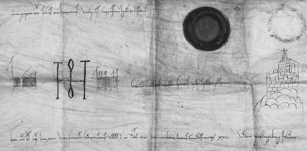 Abb. 1: Originaldiplom König Ottos I. für das Kanonissenstift Quedlinburg, 956 August 24 (D O. I. 184); Eschatokoll mit der Datierung. LHASA, MD, Rep. U 9, A Ia, Nr. 9. 