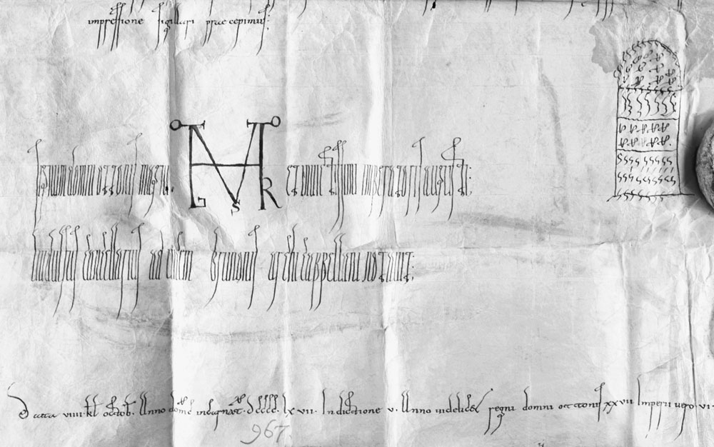 Abb. 3: Gefälschtes Diplom Kaiser Ottos I. für die Kirche St. Mauritius in Magdeburg, 967 September 23 (D O. I. 345); Eschatokoll. LHASA, MD, Rep. U 1, I, Nr. 25.