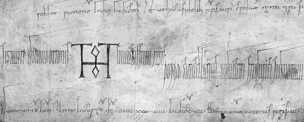 Abb. 4: Originaldiplom König Ottos I. für den Markgrafen Gero, 945 Mai 4 (D O. I. 65); Eschatokoll mit der Datierung. LHASA, Abt. Dessau, U I, Nr. 3.