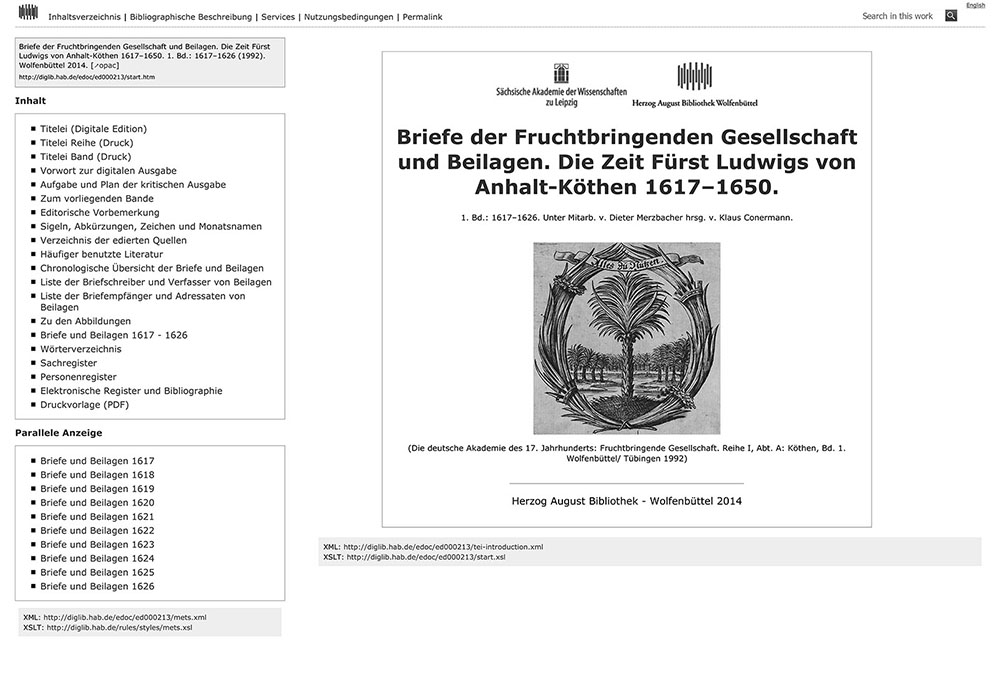 Abb. 1: Startseite der digitalen Ausgabe der Briefe der Fruchtbringenden Gesellschaft und Beilagen. Die Zeit Fürst Ludwigs von Anhalt-Köthen 1617–1650, Bd. 1: 1617–1626.http://diglib.hab.de/edoc/ed000213/start.htm (25.4.2016).