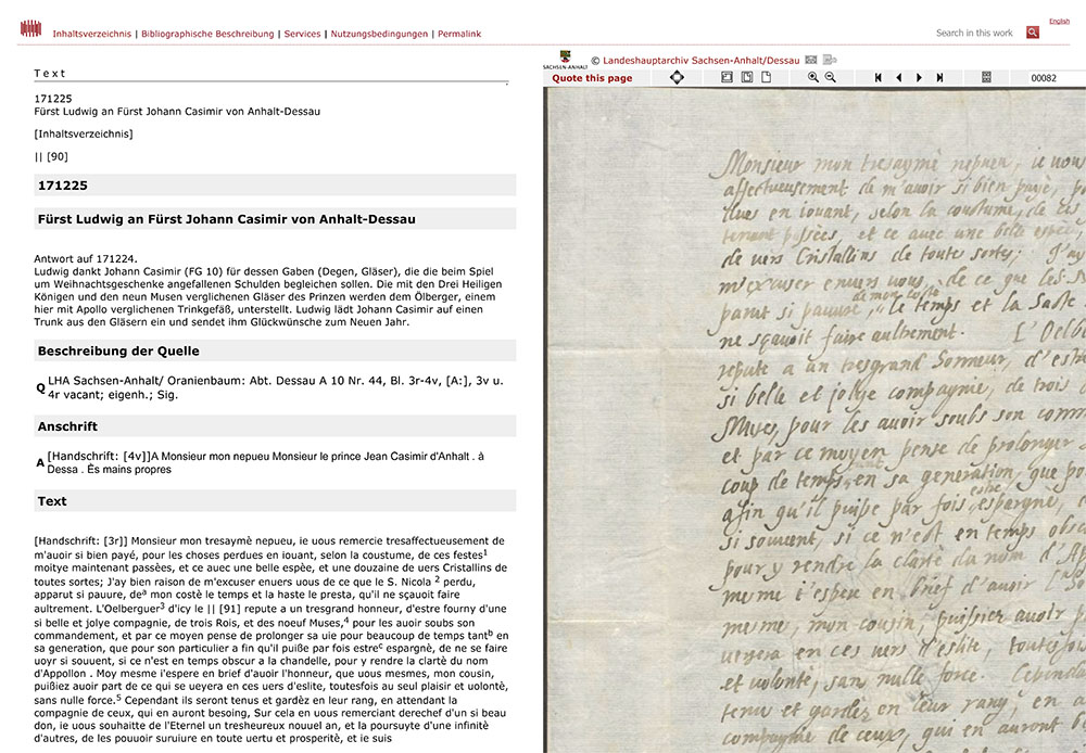 Abb. 2: Beispiel für die Einbindung externer Digitalisate: Fürst Ludwig an Fürst Johann Casimir von Anhalt-Dessau, 25.12.1617 [Datensatz 171225], http://diglib.hab.de/edoc/ed000213/start.htm (25.4.2016); hier mit Einbettung der Quelle aus dem Landesarchiv Sachsen-Anhalt.