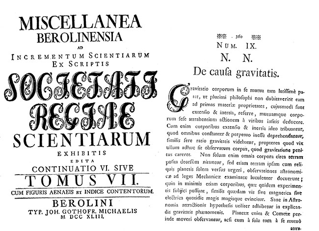 Abb. 2: Eulers anonyme Schrift »De causa gravitatis«, in Miscellanea Berolinensia 7 (1743), S. 360–370.