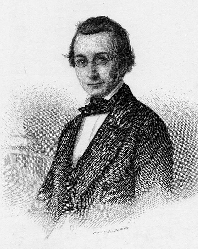 Abb. 2: Richard Lepsius (1810–1884) begann seine Karriere als vergleichender Sprachwissenschaftler, wurde aber von Christian Karl Josias von Bunsen und den Humboldt-Brüdern für die Ägyptologie gewonnen und 1847, von seiner Expedition nach Ägypten und Nubien zurückgekehrt, in Berlin auf den ersten Lehrstuhl für Ägyptologie berufen. Kupferstich von Alexander Alboth um 1850. 