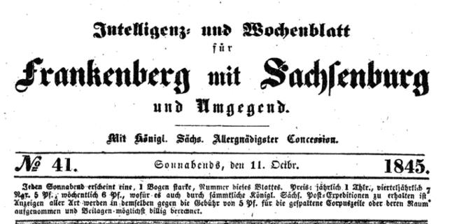 Abb. 5: Erstmaliger Druck einer Zeitung auf holzreichem Papier nach Kellers Erfindung in Frankenberg/Sa. in der Druckerei Carl Otto Roßberg.