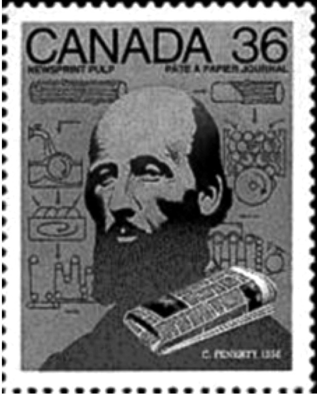 Abb. 8: Kanadische Briefmarke von 1987: Charles Fenerty. Im Hintergrund ist ein Schema der Papierherstellung unter Einsatz von Holz als Rohstoff angedeutet.