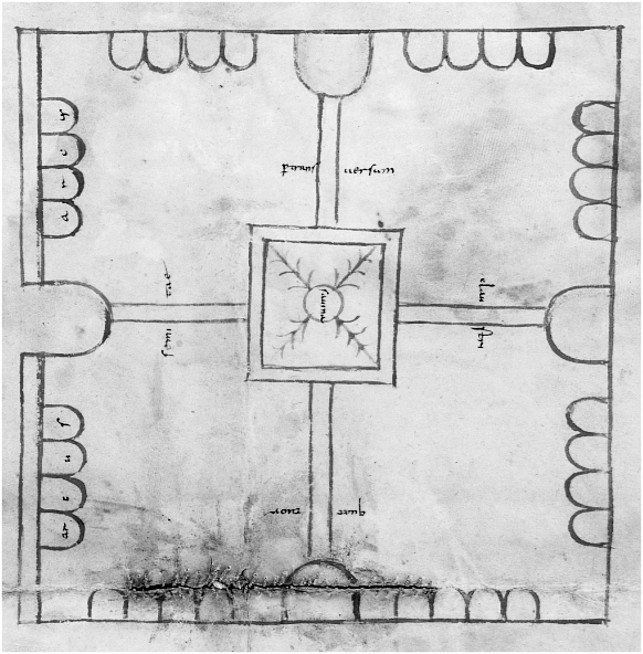 Abb. 3: St. Galler Klosterplan, Detail: Kreuzganggarten, Stiftsbibliothek St. Gallen, Cod. Sang. 1092.