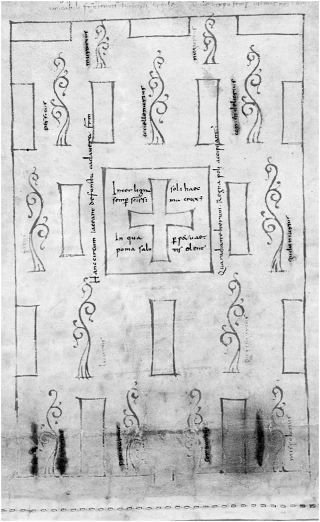 Abb. 4 und 5: St. Galler Klosterplan, Details: Obstbaumgarten (links) und Gemüsegarten (rechts), Stiftsbibliothek St. Gallen, Cod. Sang. 1092.