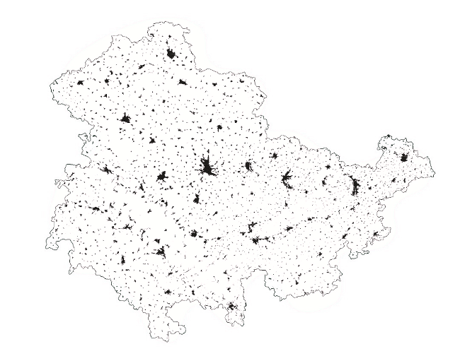 Abb. 1: Siedlungsstruktur des Freistaates Thüringen.2 Quelle: IBA Thüringen 2016, Kartenmaterial: GeoBasisDE/TLVermGeo, https://www.iba-thueringen.de/sites/default/files/termine/image/Stadtland.jpg (18.7.2017).  GeoBasisDE/TLVermGeo 2016. 
