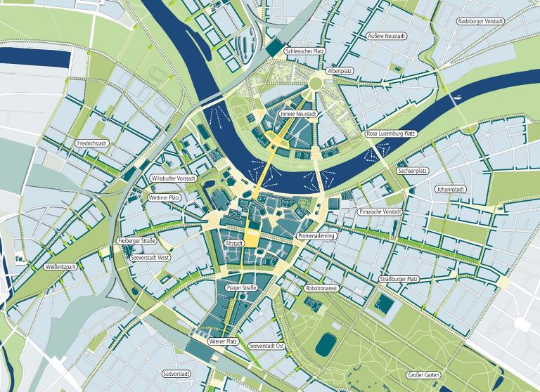 Abb. 5: Dresden, Planungsleitbild Innenstadt 2007/08 mit urbanen Stadtquartieren, durchzogen von breiten Alleen und Boulevards (Ausschnitt), Grafik: Franz Pesch, Pesch Partner im Auftrag der Landeshauptstadt Dresden. 