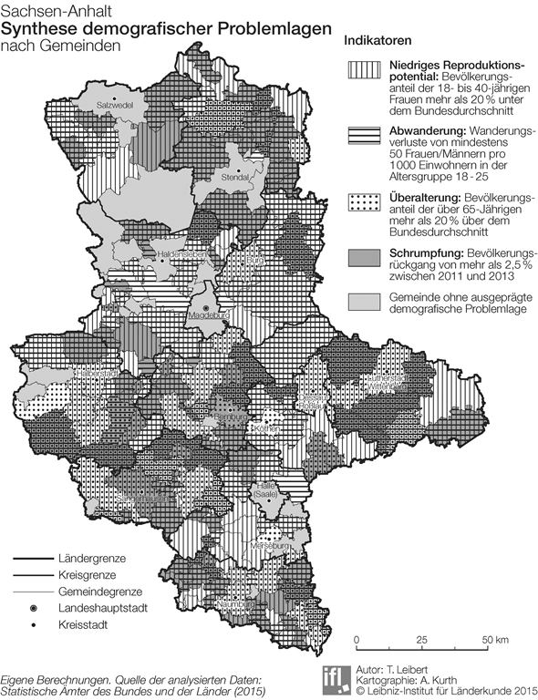 Abb. 5: Synthese demografischer Problemlagen nach Gemeinden in Sachsen-Anhalt. Quelle: Leibniz-Institut für Länderkunde, Leibert (2015).