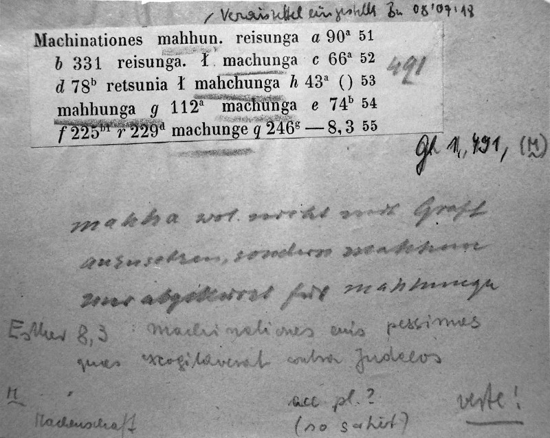 Analysebeispiel »mahhun« Gl 1,491,51 im Material von »mahhunga« st. f. mit handschriftlichem Kommentar Steinmeyers