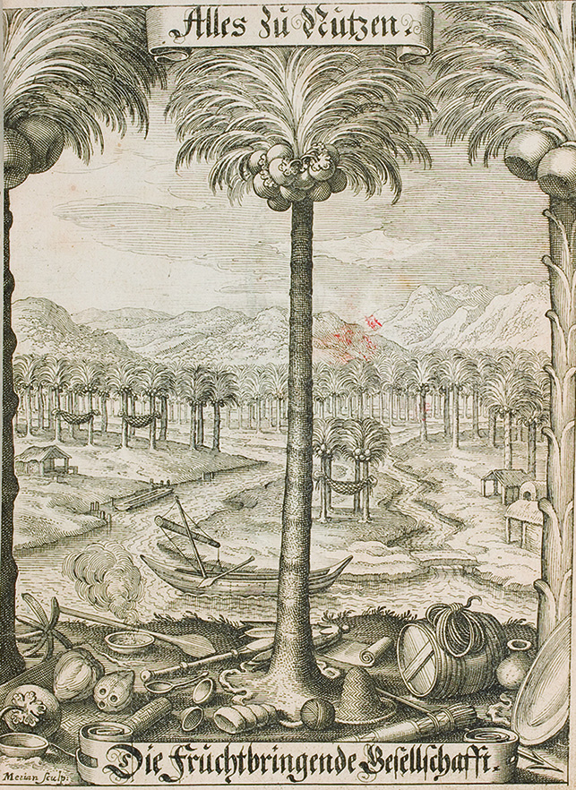 Abb. 1: Die Palmenimprese der Fruchtbringenden Gesellschaft, Stich von Matthäus Merian d. Ä., 1629. 