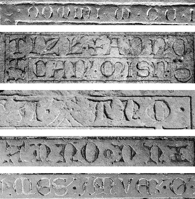 Abb. 2: Gotische Majuskel auf Grabplatten: (von oben nach unten) Bischof Withego I. († 1292), Heinrich von Breslau, Domherr († 1326), Adelheid von Dohna († 1342), Richard, Burggraf v. Golßen, Domherr († 1342), Johannes von Strehla, Domherr († 1362). Fotos: Cornelia Neustadt / Martin Riebel.