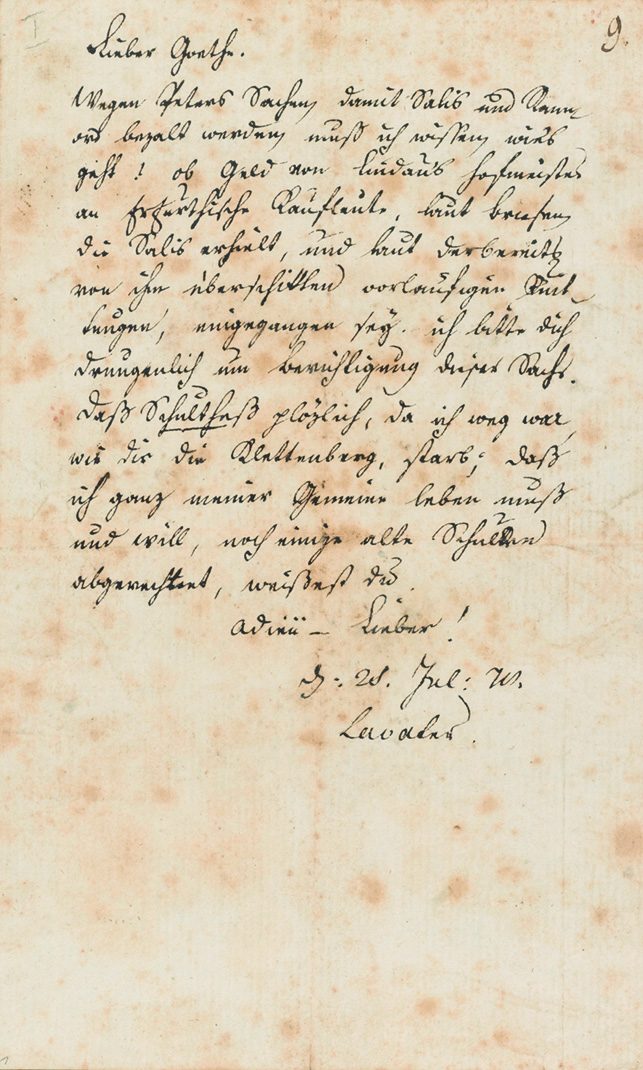 Abb. 2: Vorderseite des Briefs von Johann Kaspar Lavater an Johann Wolfgang Goethe, Zürich, 25. Juli 1778 (GSA 28/556 St. 1). 