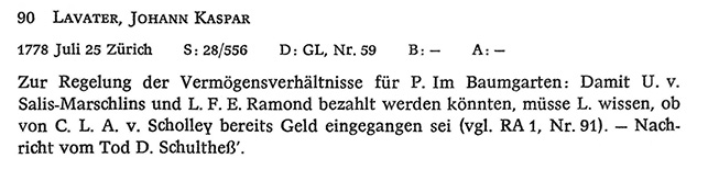 Abb. 4: Druck des Regests zum Brief von Lavater an Goethe, Zürich, 25. Juli 1778 in RA 1 Nr. 90. 