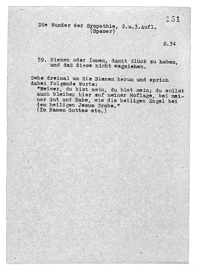 Abb. 3: Bienensegen aus dem Corpus der Segen und Beschwörungsformeln (ISGV, NaAS/CSB/Bienensegen, Nr. 151; http://digital.slub-dresden.de/idDE-611-BF-68359/154 [1.10.2020]). 