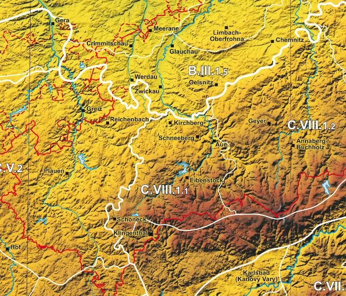 Abbildung 1: Das Westerzgebirge auf der Karte A 6, Physiogeographische Übersicht (Naturräume) von Günther Schönfelder, verkleinerter Ausschnitt.