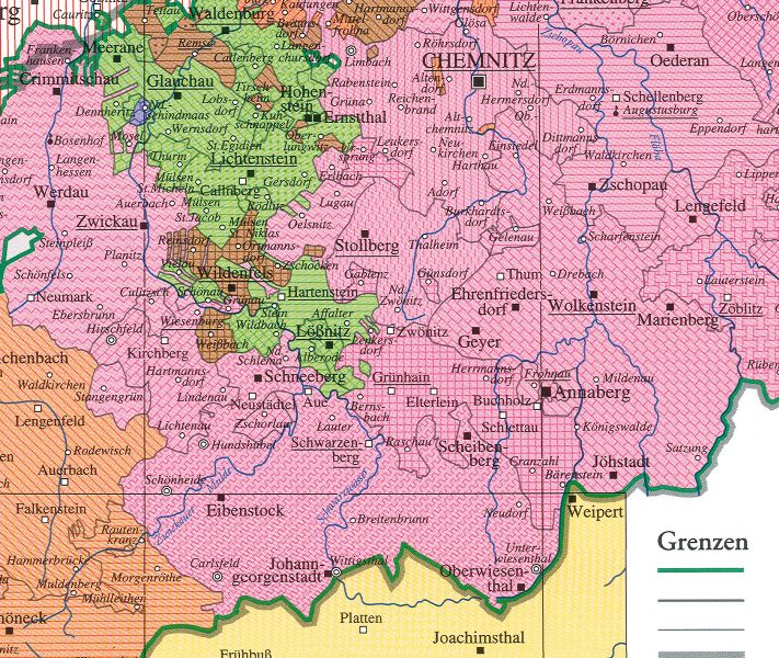 Abbildung 6: Ausschnitt aus der Karte C III 5, Das Kurfürstentum Sachsen am Ende des Alten Reiches 1790 (Karlheinz Blaschke). Legende – Farbflächen: magenta – Erzgebirgischer Kreis, orange – Vogtländischer Kreis, braun – Schönburgische Lehnsherrschaften, grün – Schönburgische Rezeßherrschaften.