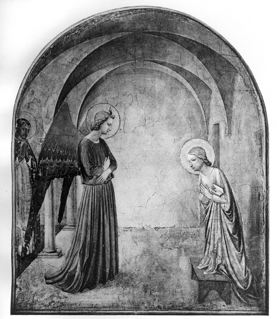 Abb. 2: Fra Angelico, Verkündigung an Maria, ca. 1440–1446, Fresko, 187 × 157 cm, Florenz, San Marco in Florenz, Zelle 3 [aus Wilhelm Hausenstein, Fra Angelico, München 1923, Tafel 17]