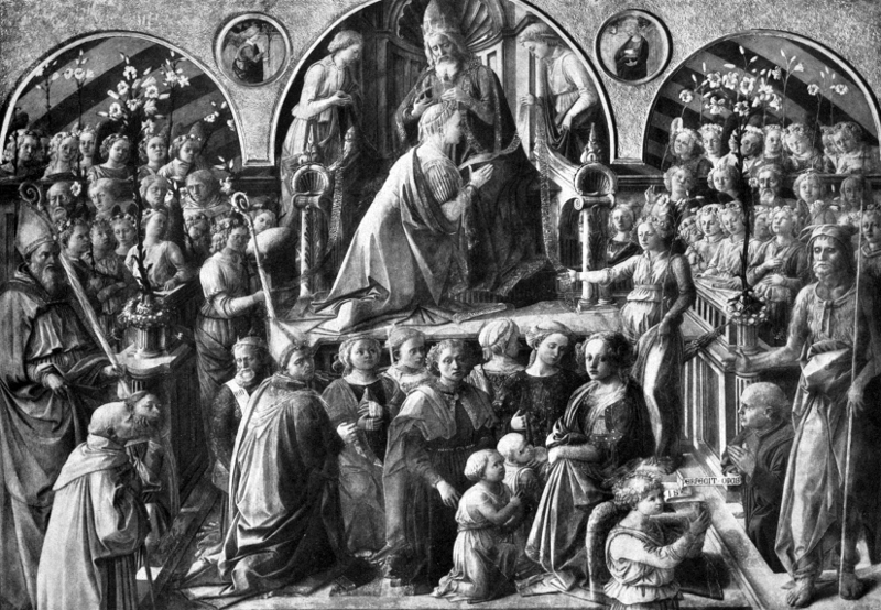 Abb. 3: Filippo Lippi, Marienkrönung, 1439–1447, Tempera auf Holz, 200 × 287 cm, Florenz, Uffizien [aus: Robert Oertel, Fra Filippo Lippi, Wien 1942, Abb. 43]