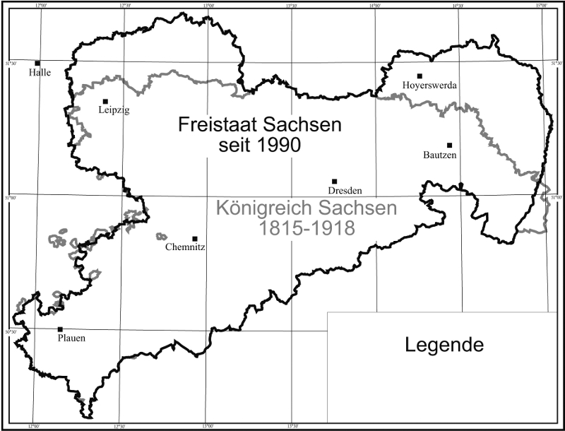 Abbildung 1: Übersicht des Darstellungsgebietes im Hauptmaßstab des Atlas zur Geschichte und Landeskunde von Sachsen 1 : 400 000. Dieser Maßstab kommt hauptsächlich für Themen nach dem Jahr 1815 zur Anwendung, da hier neben dem heutigen Freistaat Sachsen das nach den Gebietsverlusten durch den Wiener Kongress verkleinerte Königreich Sachsen gut präsentiert werden kann.