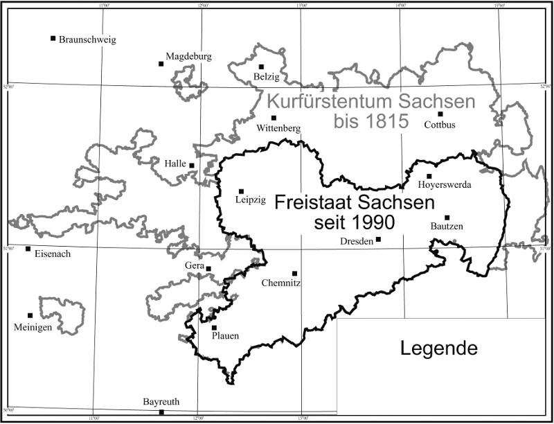 Abbildung 2: Übersicht des Darstellungsgebietes im 2. Hauptmaßstab des Atlas zur Geschichte und Landeskunde von Sachsen 1 : 650 000. Dieser etwas kleinere Maßstab dient der Präsentation des Kurfüstentums/Königreiches Sachsen bis 1815.