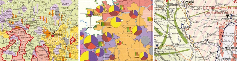 Abbildung 3: Beispiele für statische (links5 Karlheinz Blaschke, Das Markgraftum Oberlausitz und das Amt Stolpen 1777, Leipzig und Dresden 2005. (= Atlas zur Geschichte und Landeskunde von Sachsen, Karte C III 4).), statistische (Mitte6 Uwe Schirmer, Ertragsstrukturen der kursächsischen Ämter 1580, Leipzig und Dresden 2006. (= Atlas zur Geschichte und Landeskunde von Sachsen, Karte F III 4).) und dynamische (rechts7 Andreas Kowanda, Kriegshandlung und Besetzung 1945, Leipzig und Dresden 1998. (= Atlas zur Geschichte und Landeskunde von Sachsen, Karte D IV 6).) Kartendarstellungen.