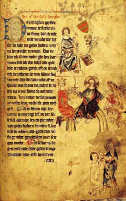 Abb. 5: O fol. 6r (Eike von Repgow mit Schreibutensilien und Buch, Übergabe der weltlichen Gewalt an den Kaiser, Erschaffung des Menschen)