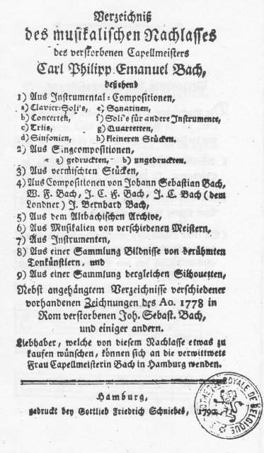 Abb. 1: Titelblatt des sogenannten Nachlassverzeichnisses. Enthalten ist der Hinweis, sich bei Kaufinteresse an Bachs Witwe zu wenden.