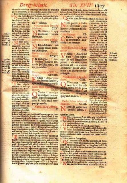 Abb. 1: Druck Venedig 1581. Corpus iuris civilis mit Accursischer Glosse. Inhalt: Text Dig. 50, 17, 95–104 mit umrahmender Glosse.